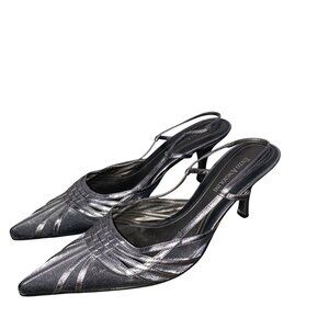 Enzo Angiolini Silver leather basket mesh weave Slingback Pointed Toe Heels